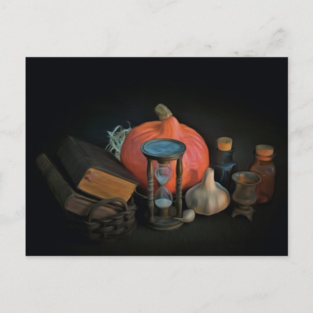 Carte Postale Objets de sorcellerie sur une table dans une pièce (Devant)