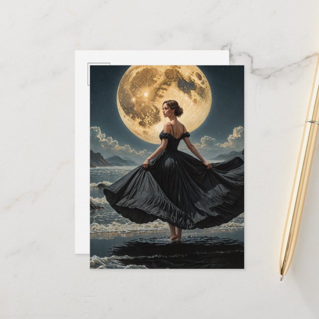 Carte Postale Ocean Dance Under the Moon Woman in Black Dress (Devant/Arrière en situation)
