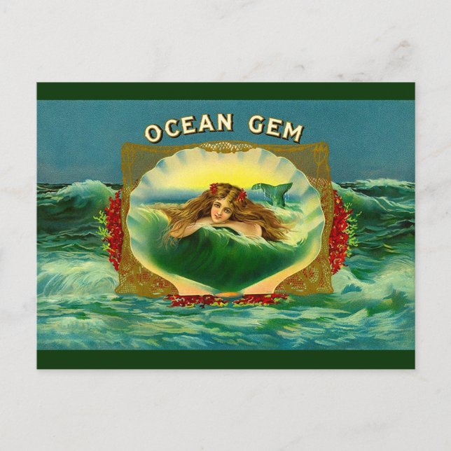 Carte Postale Ocean Gem mermaid étiquette de cigare (Devant)