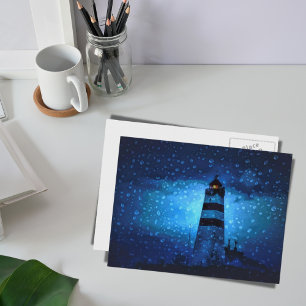 Carte Postale Ocean lighthouse une nuit bleu foncé avec gouttes 