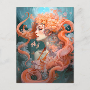 Carte Postale Ocean Nymph Coral rose bleu Imaginaire Art