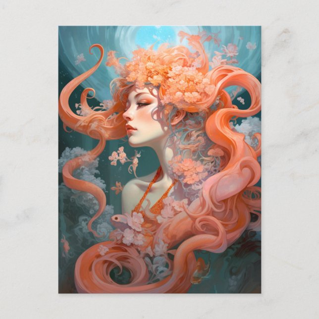 Carte Postale Ocean Nymph Coral rose bleu Imaginaire Art (Devant)