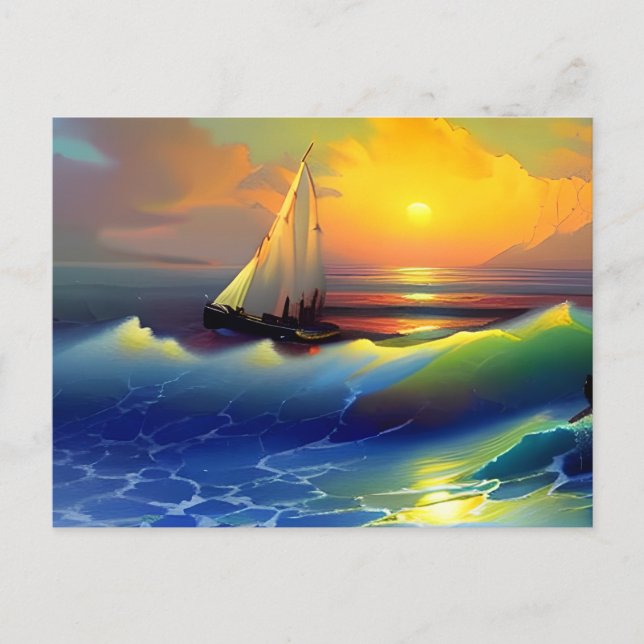 Carte Postale Ocean Waves, voilier et Sunset Reflet (Devant)