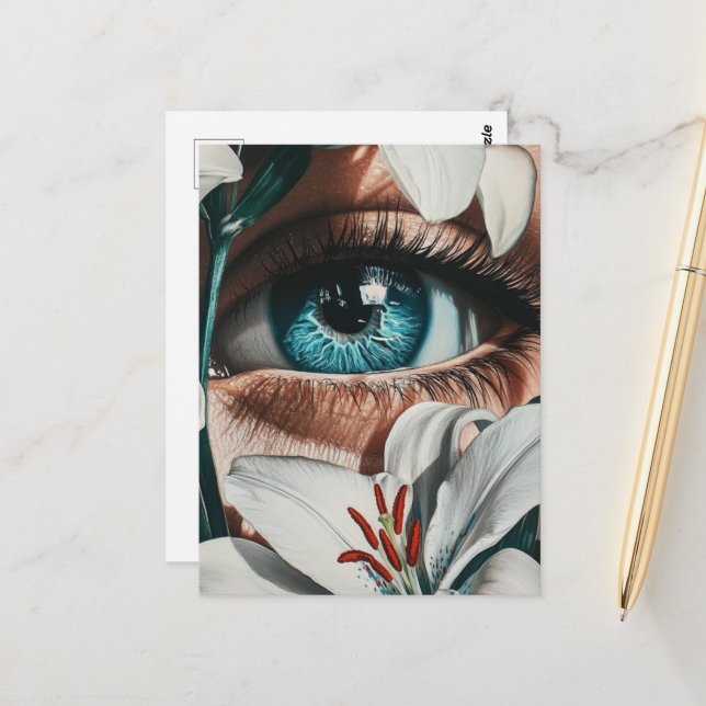 Carte Postale Oeil bleu et Lillies blanches (Devant/Arrière en situation)