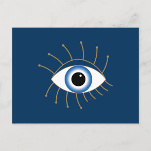 Carte Postale Oeil Mal Grec Avec Lashes Bleu Blanc Or