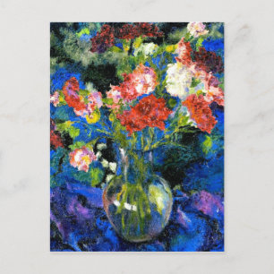 Carte Postale Oeillets dans un vase de verre rond