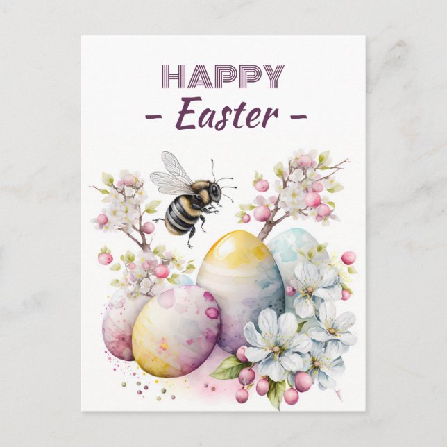 Carte Postale Oeufs d'abeilles et fleurs d'aquarelle de Pâques - (Devant)