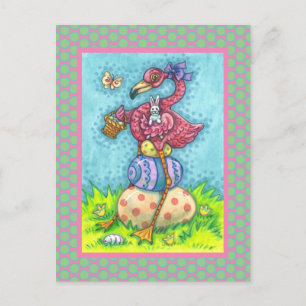 CARTE POSTALE OEUFS DE PÂQUES ET FLAMANT ROSE ROSE BÉBÉ AVEC BUN