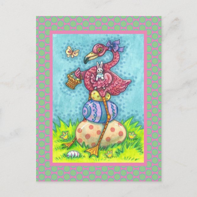 CARTE POSTALE OEUFS DE PÂQUES ET FLAMANT ROSE ROSE BÉBÉ AVEC BUN (Devant)