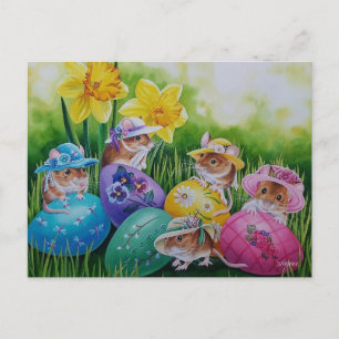 Carte Postale Oeufs de Pâques et Souris des Champs Art à l'aquar