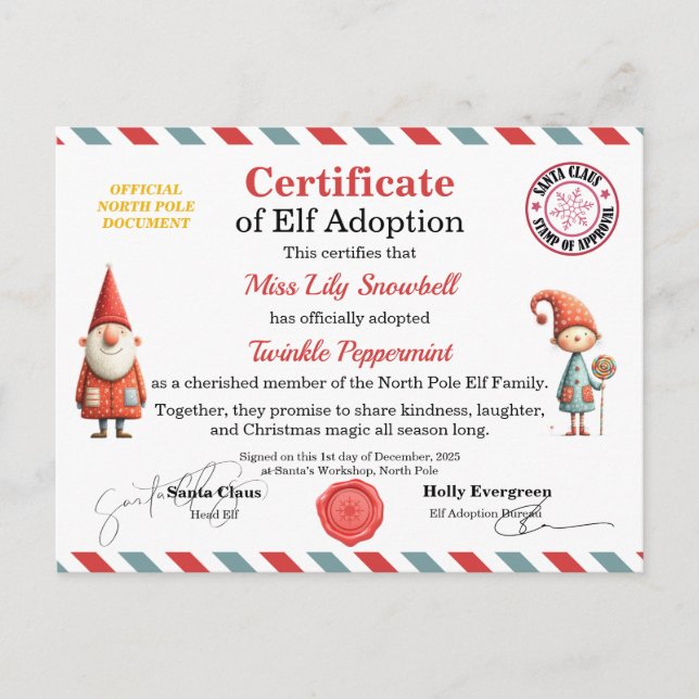 Carte Postale Official North Pole Elf Adoption Certificate  (Devant)