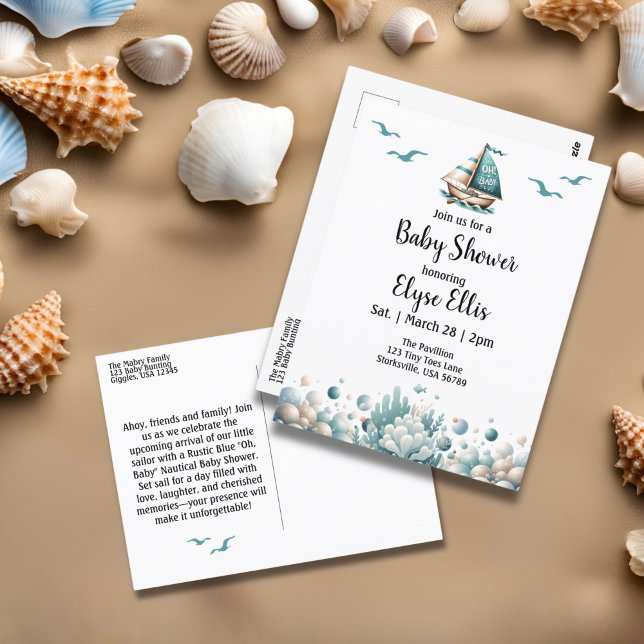Carte Postale "Oh, bébé" Baby shower bleu marine rustique (Oh, Baby Nautical Baby Shower  Invitation Postcard)