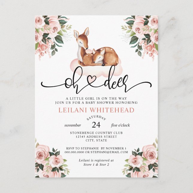 Carte Postale Oh Deer Aquarelle Baby shower végétal (Devant)