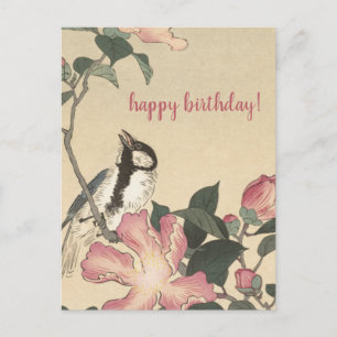 Carte Postale Ohara Koson, Oiseau et fleurs roses - Anniversaire
