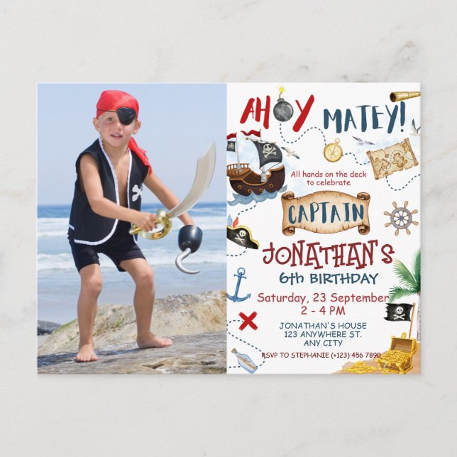 Carte Postale Ohé Capitaine Photo Pirate Anniversaire Enfants (Devant)