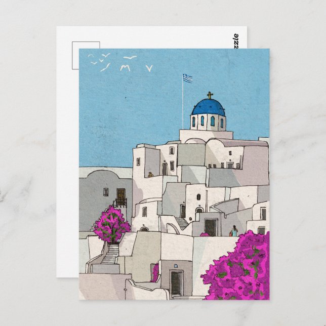 Carte Postale Oia Santorini Île Grèce Illustration lunaire (Devant / Derrière)