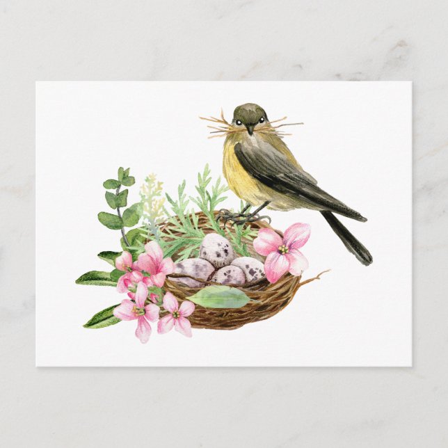 Carte Postale Oiseau à l'aquarelle sur le nid avec des fleurs ro (Devant)
