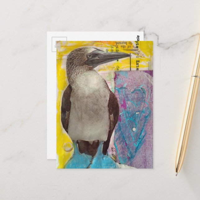 Carte Postale Oiseau à pattes bleues collage en techniques mixte (Devant/Arrière en situation)