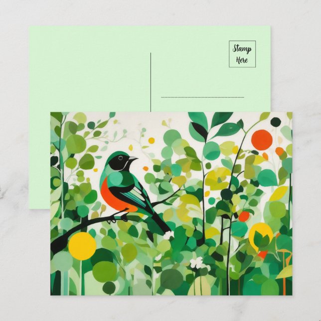 Carte Postale Oiseau Abstrait Se Trouvant Sur Une Branche (Devant / Derrière)
