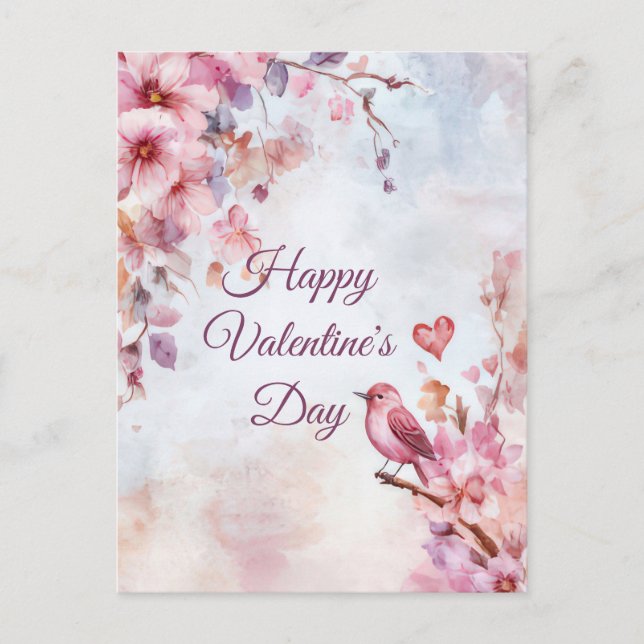 Carte Postale Oiseau aux fleurs et coeur La Saint Valentin (Devant)