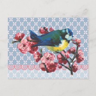Carte Postale Oiseau bleu et fleurs de cerisiers
