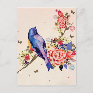 Carte Postale Oiseau bleu or Parties scintillant à papillon flor