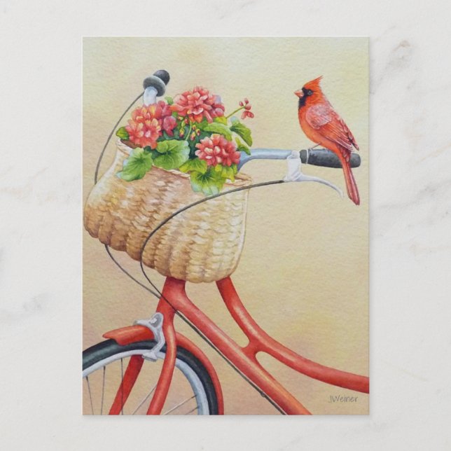 Carte Postale Oiseau cardinal perché sur l'aquarelle à vélo (Devant)