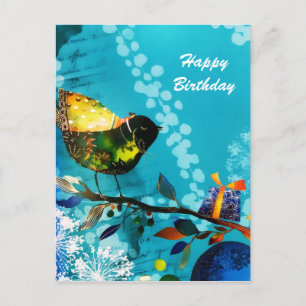 Carte Postale Oiseau chanteur heureux élégant doré Vœux aquarell