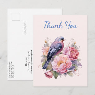 Carte Postale Oiseau chanteur perché sur des pivoines roses Merc