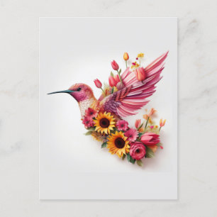 Carte Postale Oiseau colibré volant avec des fleurs