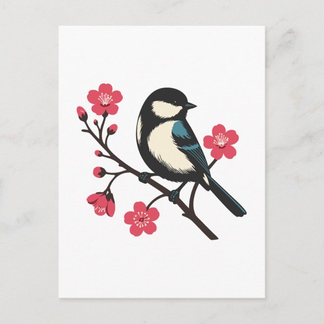 Carte Postale Oiseau de cerisier en fleur - Art de la sérénité d (Devant)