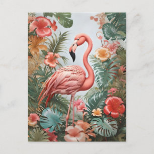 Carte Postale Oiseau de Flamant rose rose élégant et fleurs trop