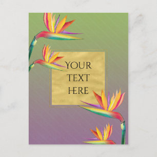 Carte Postale Oiseau de Paradis Or Violet Vert Floral Mariage