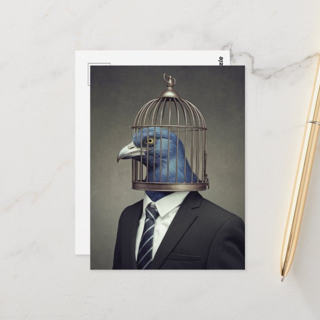 Carte Postale Oiseau drôle en costume d'affaires avec une tête d (Devant/Arrière en situation)