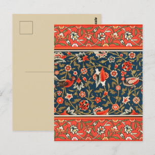 Carte Postale Oiseau et fleurs Perse Motif bleu rouge