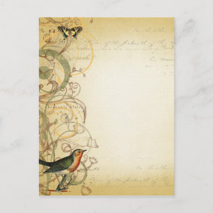 Carte Postale Oiseau et papillon fantaisie