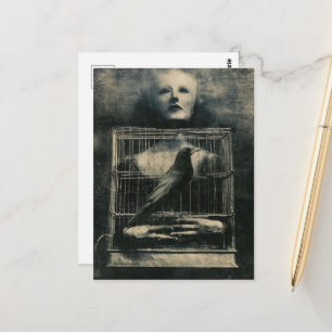 Carte Postale Oiseau et personne en cage surréalistes en noir et