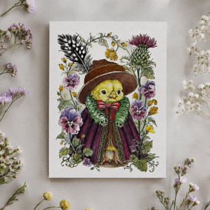Carte Postale Oiseau Fantaisiste en Tenue Victorienne avec Fleur