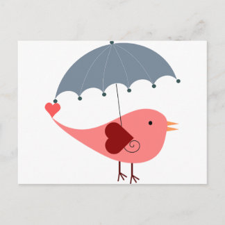 Carte Postale Oiseau rose blanc mignon tenant parapluie