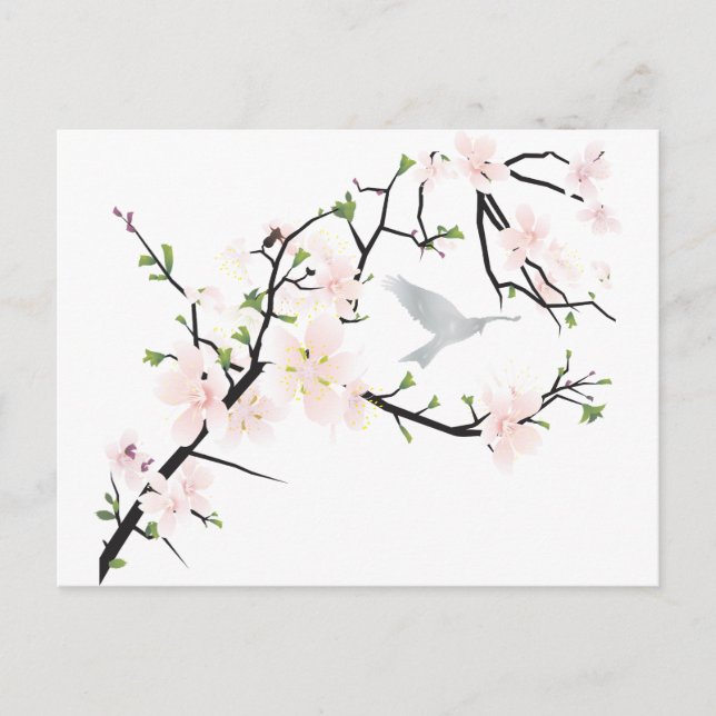 Carte Postale Oiseau rose en fleurs (Devant)