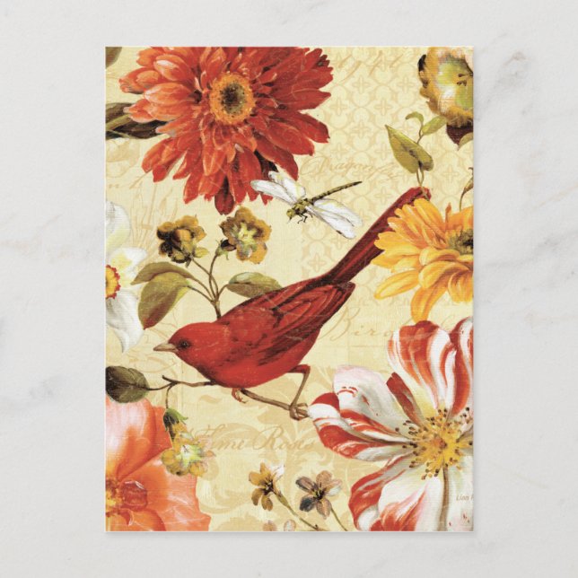 Carte Postale Oiseau rouge dans un jardin fleuri (Devant)