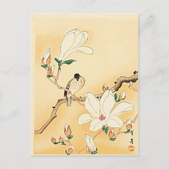 Carte Postale Oiseau sur Magnolia Tree Bois japonais Imprimer (Devant)
