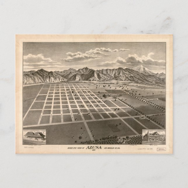 Carte Postale Oiseau's Eye View of Azusa, Californie (1887) (Devant)