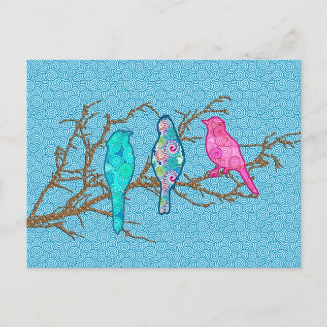Carte Postale Oiseaux appliqués sur une branche, Sky Blue Multi (Devant)
