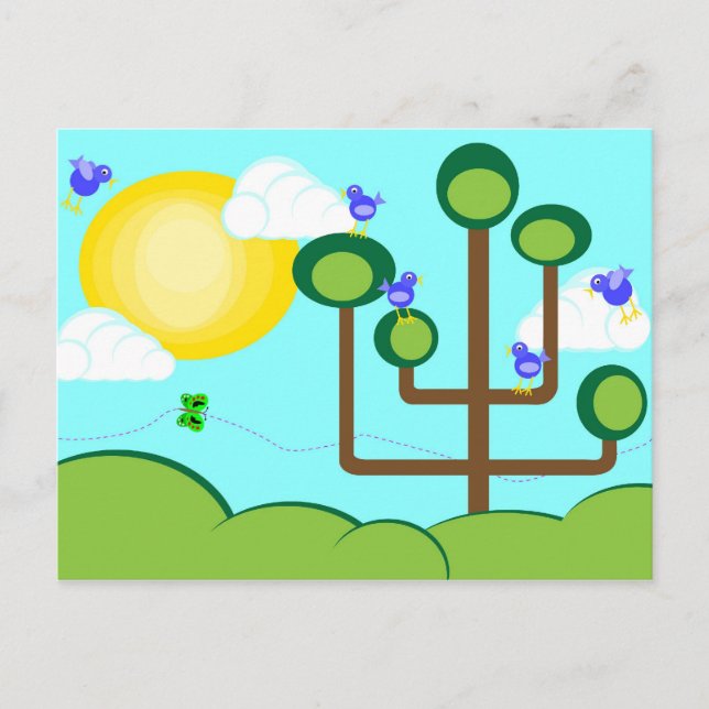 Carte Postale Oiseaux bleus, arbre vert et soleil (Devant)