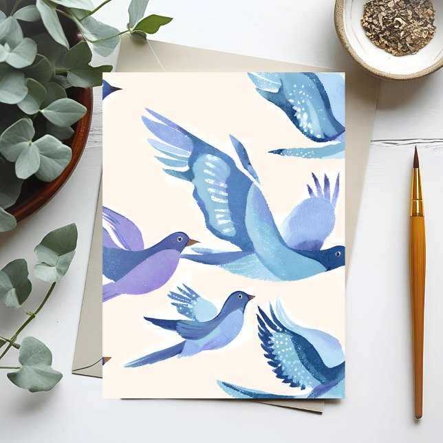 Carte Postale Oiseaux bleus volant | Aquarelle moderne (Créateur téléchargé)