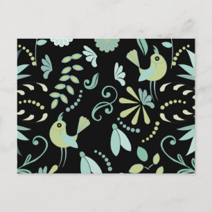 Carte Postale Oiseaux boho mignons fleurs bleu vert noir