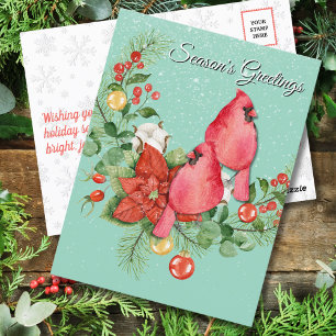 Carte Postale Oiseaux cardinaux perchés sur la couronne de Noël
