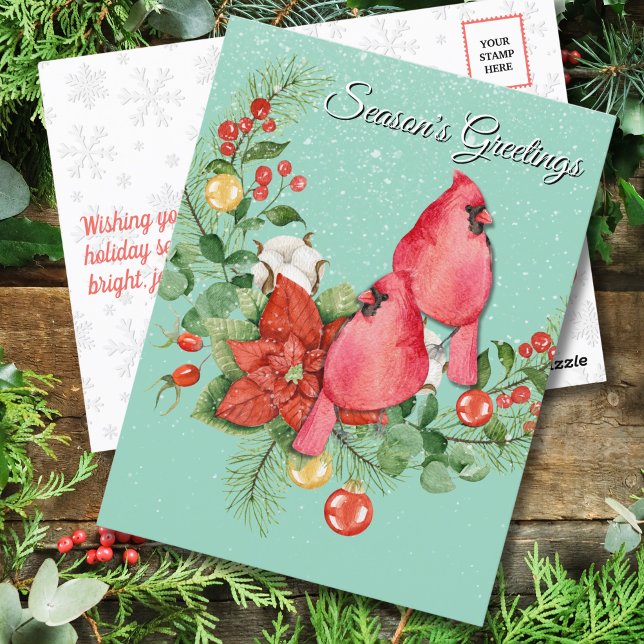 Carte Postale Oiseaux cardinaux perchés sur la couronne de Noël (Créateur téléchargé)