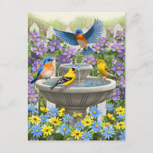 Carte Postale Oiseaux colorés et jardin de fleurs de bain d'oise